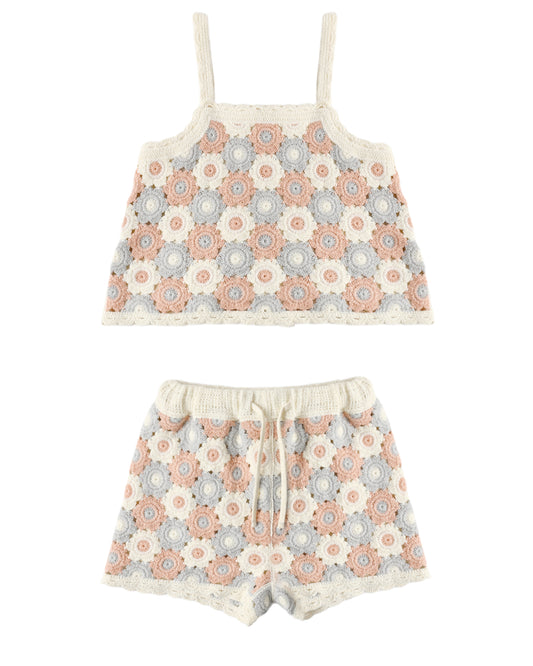 Floral patterned top and shorts set on a white background