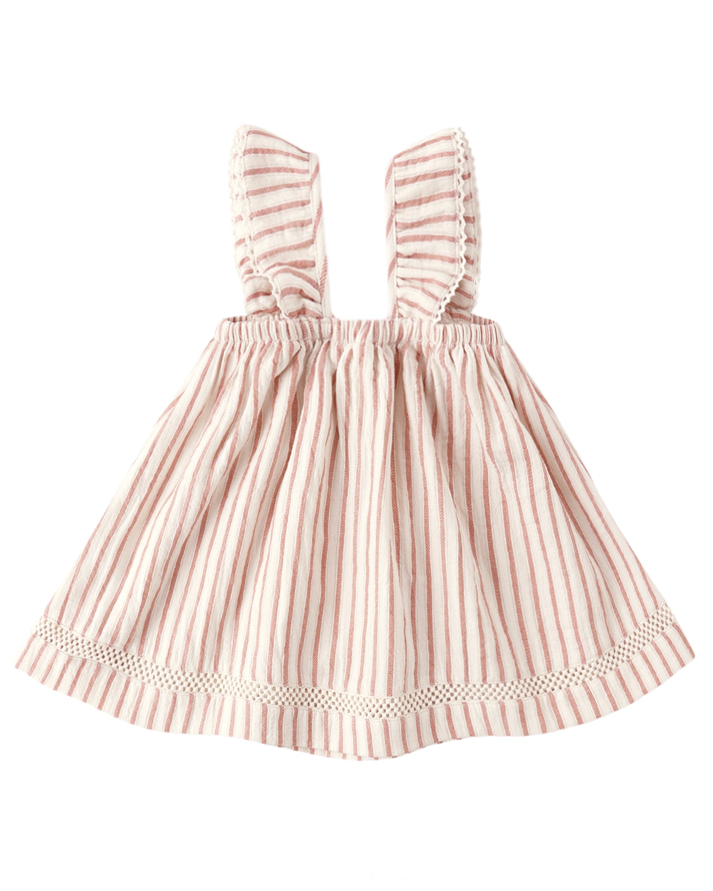 Pink and white striped dress with ruffled straps on a white background