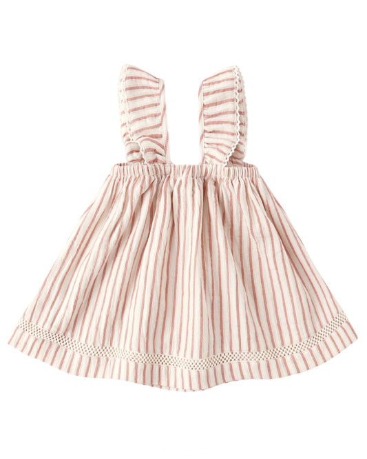 Pink and white striped dress with ruffled straps on a white background