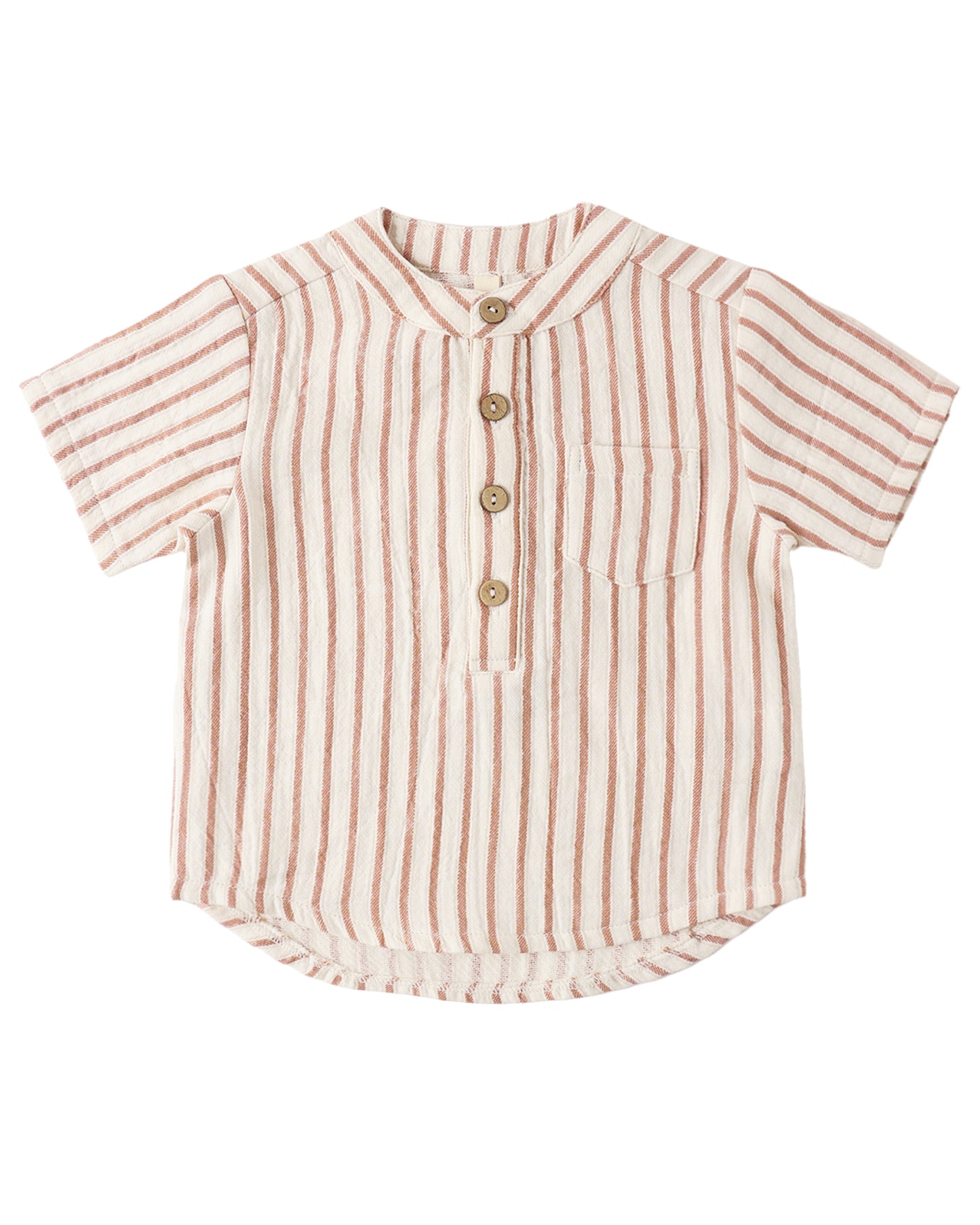 Striped baby collarless shirt with buttons on a white background