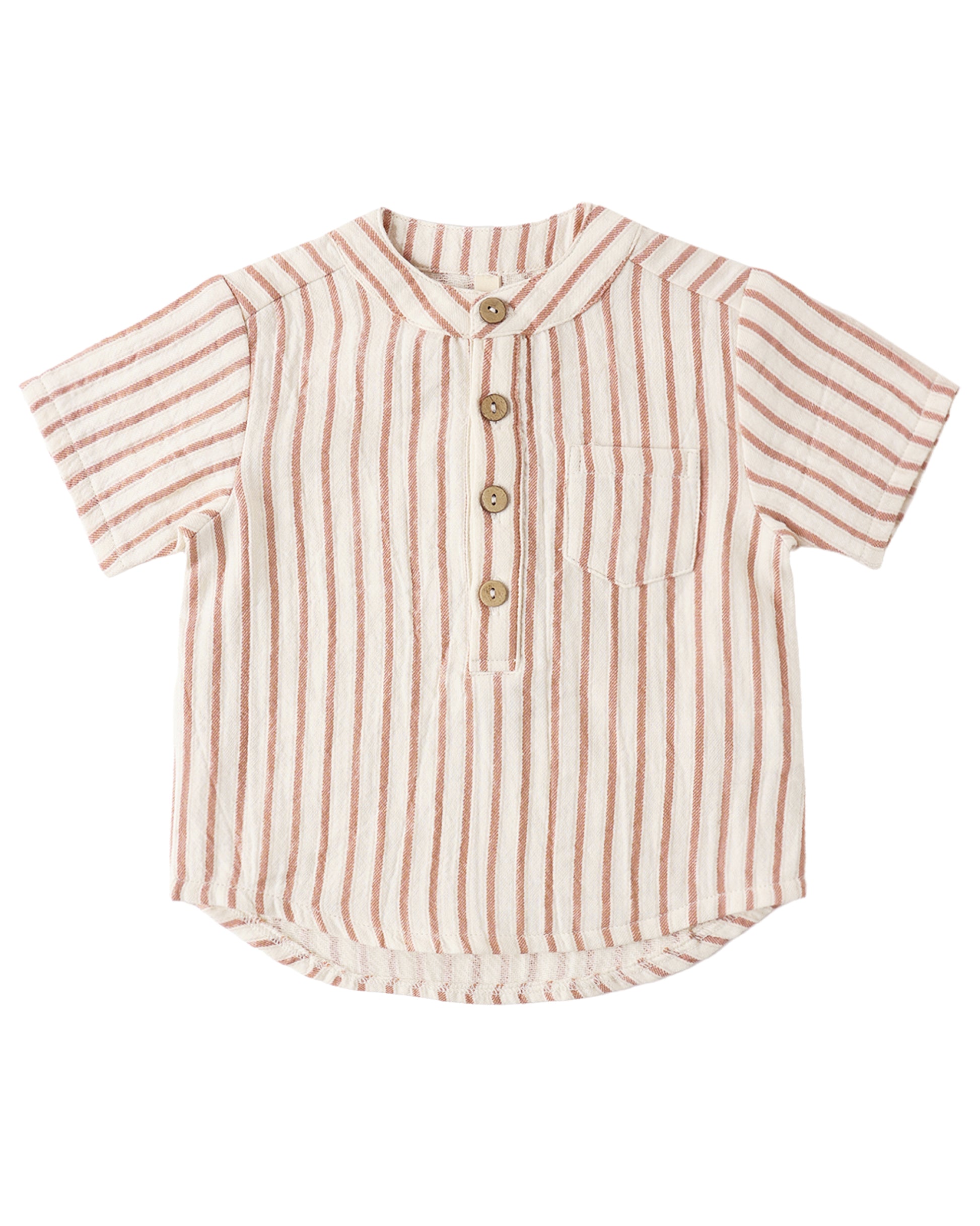 Striped baby collarless shirt with buttons on a white background