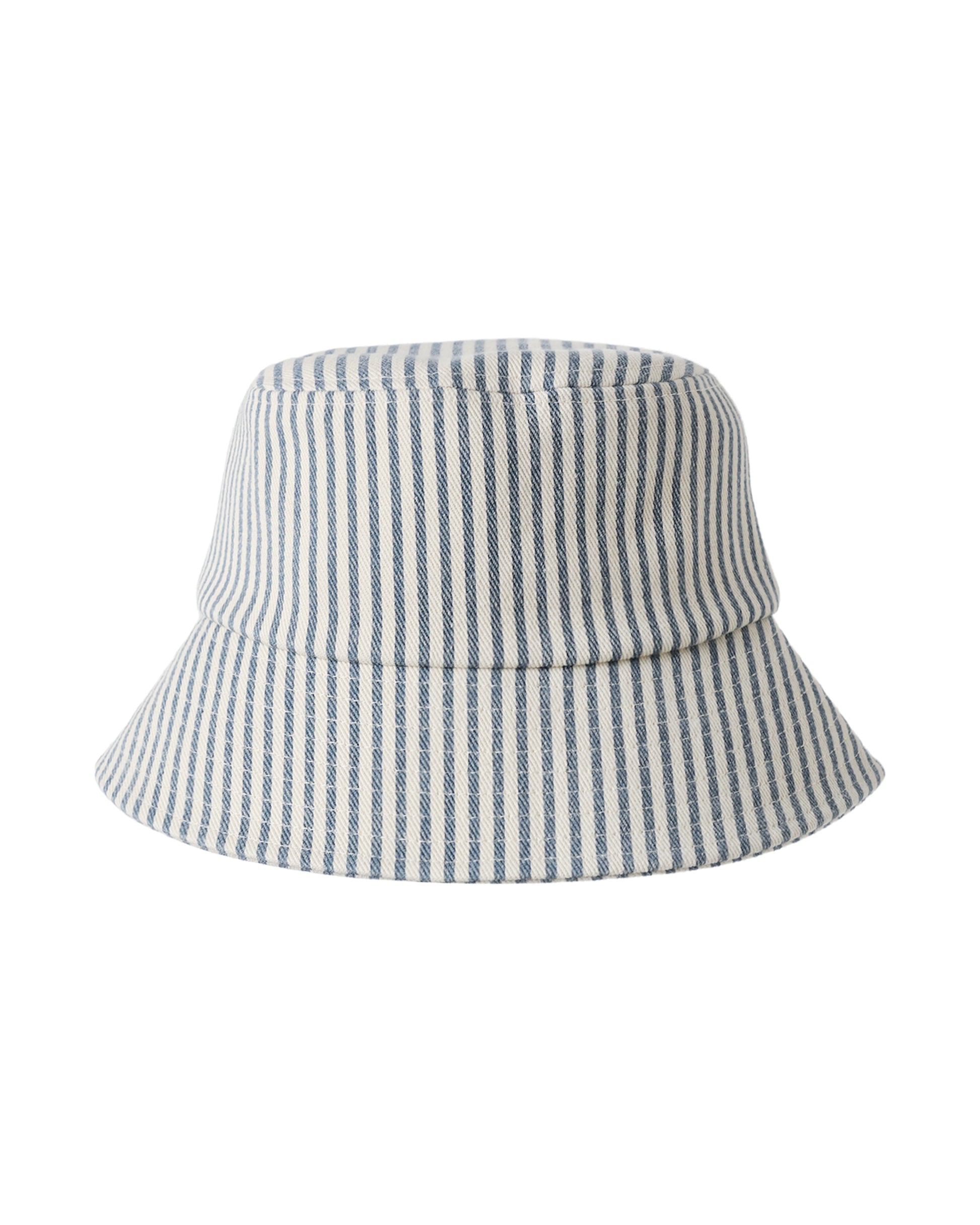 Blue and white striped bucket hat on a white background