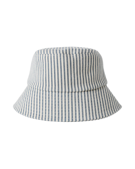 Blue and white striped bucket hat on a white background
