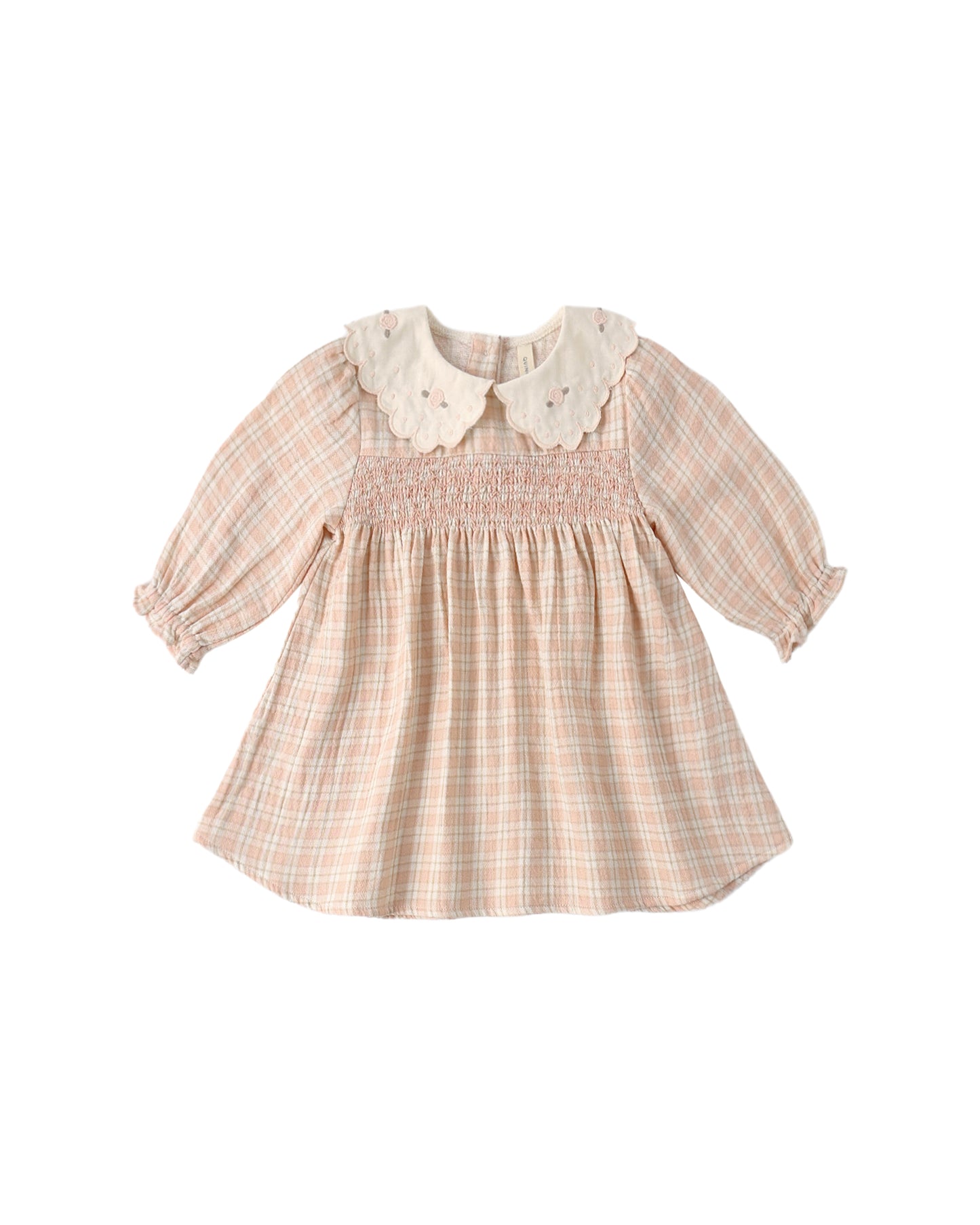 Pink checkered dress with white collar on a white background