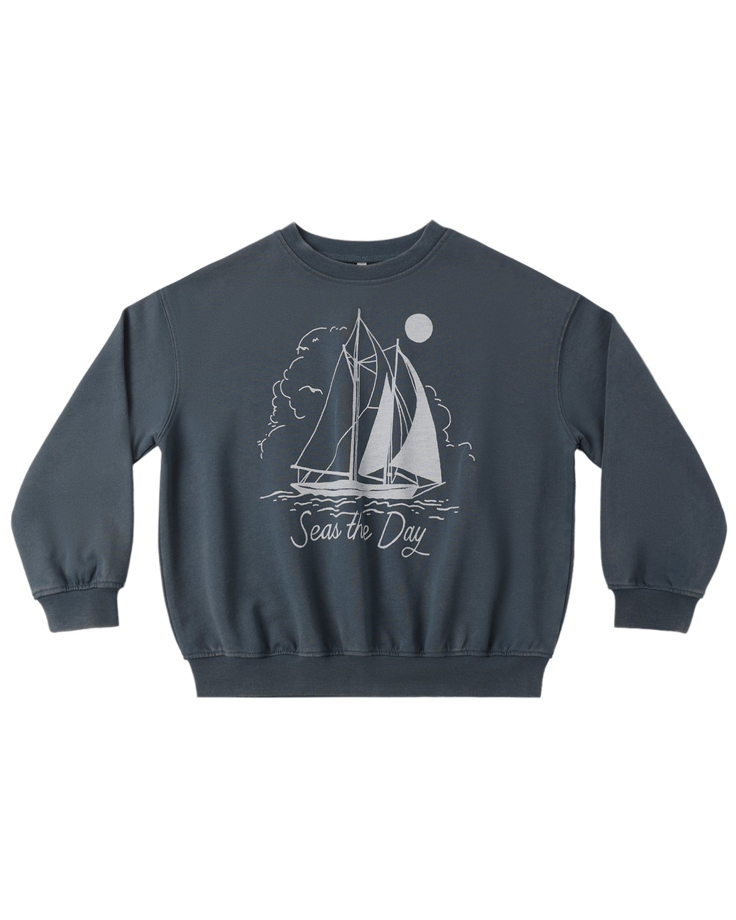 Navy blue sweatshirt with sailboat graphic and 'Seas the Day' text on a white background