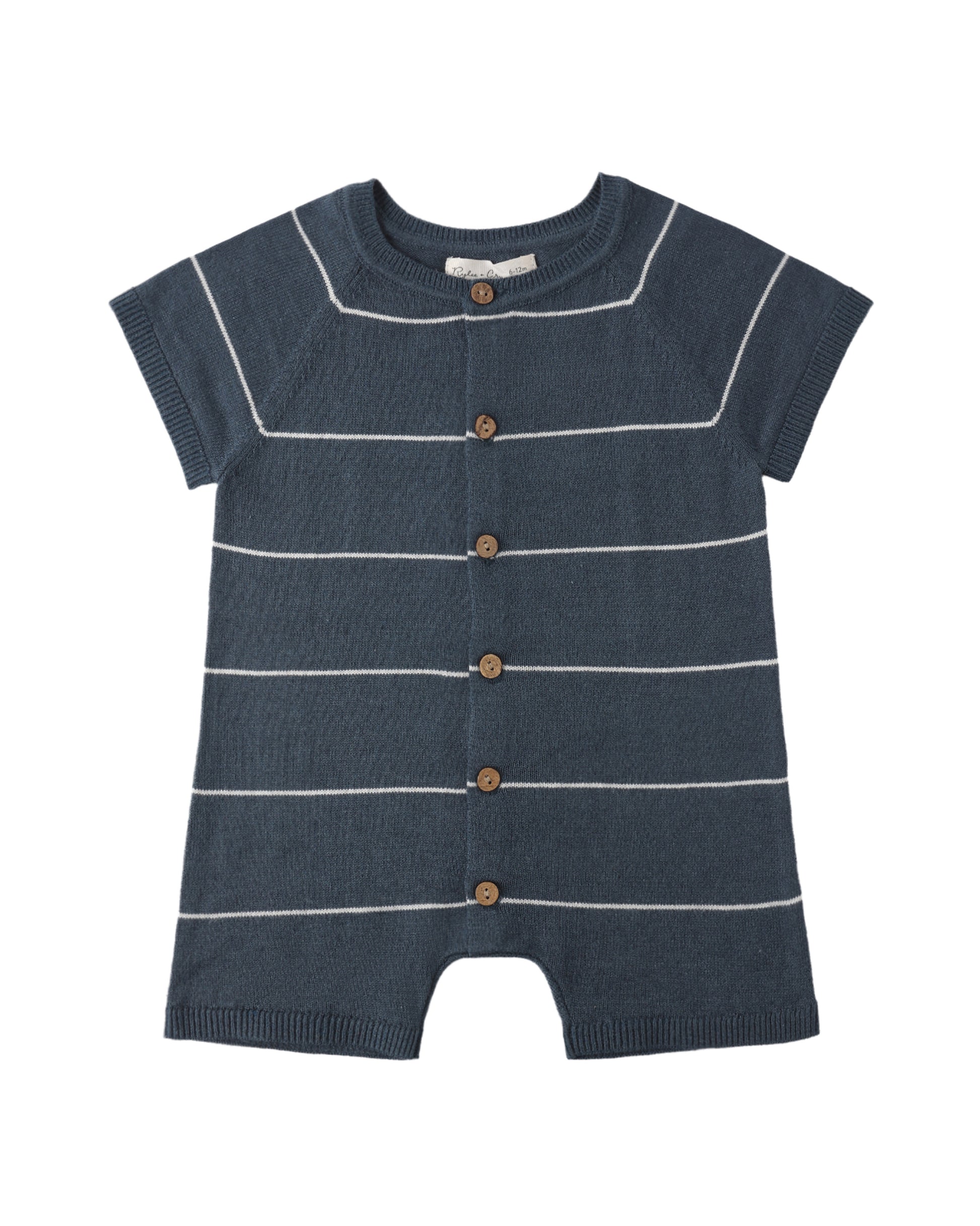 Blue striped baby romper with buttons on a white background