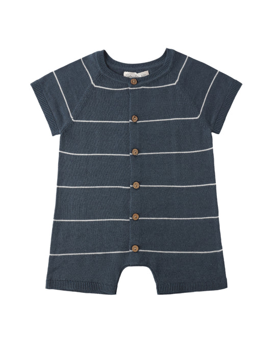 Blue striped baby romper with buttons on a white background