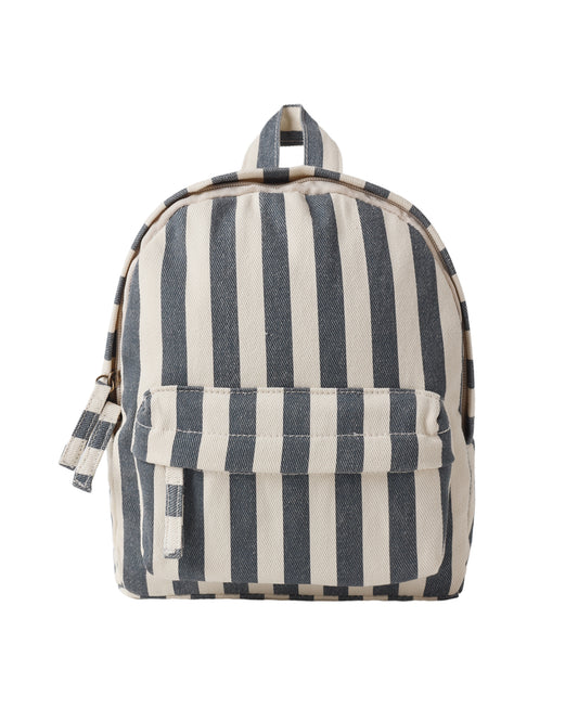 Striped backpack with blue and white pattern on a white background