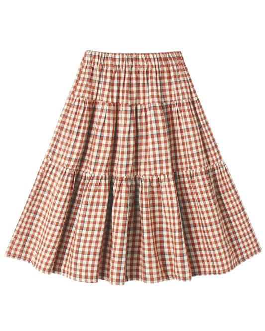 Red and white checkered tiered skirt on a white background