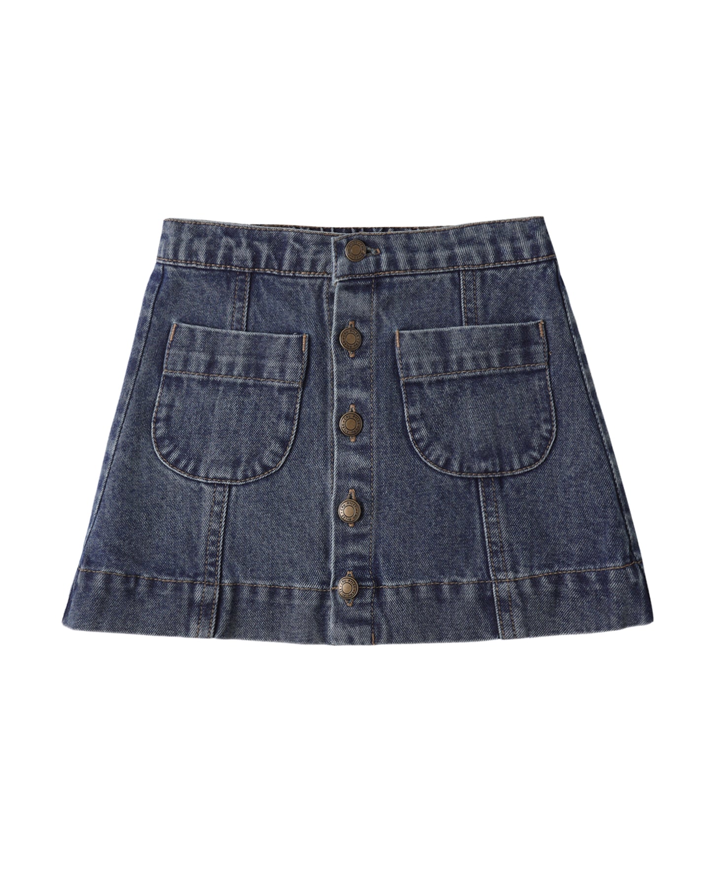 Denim skirt with button details on a white background