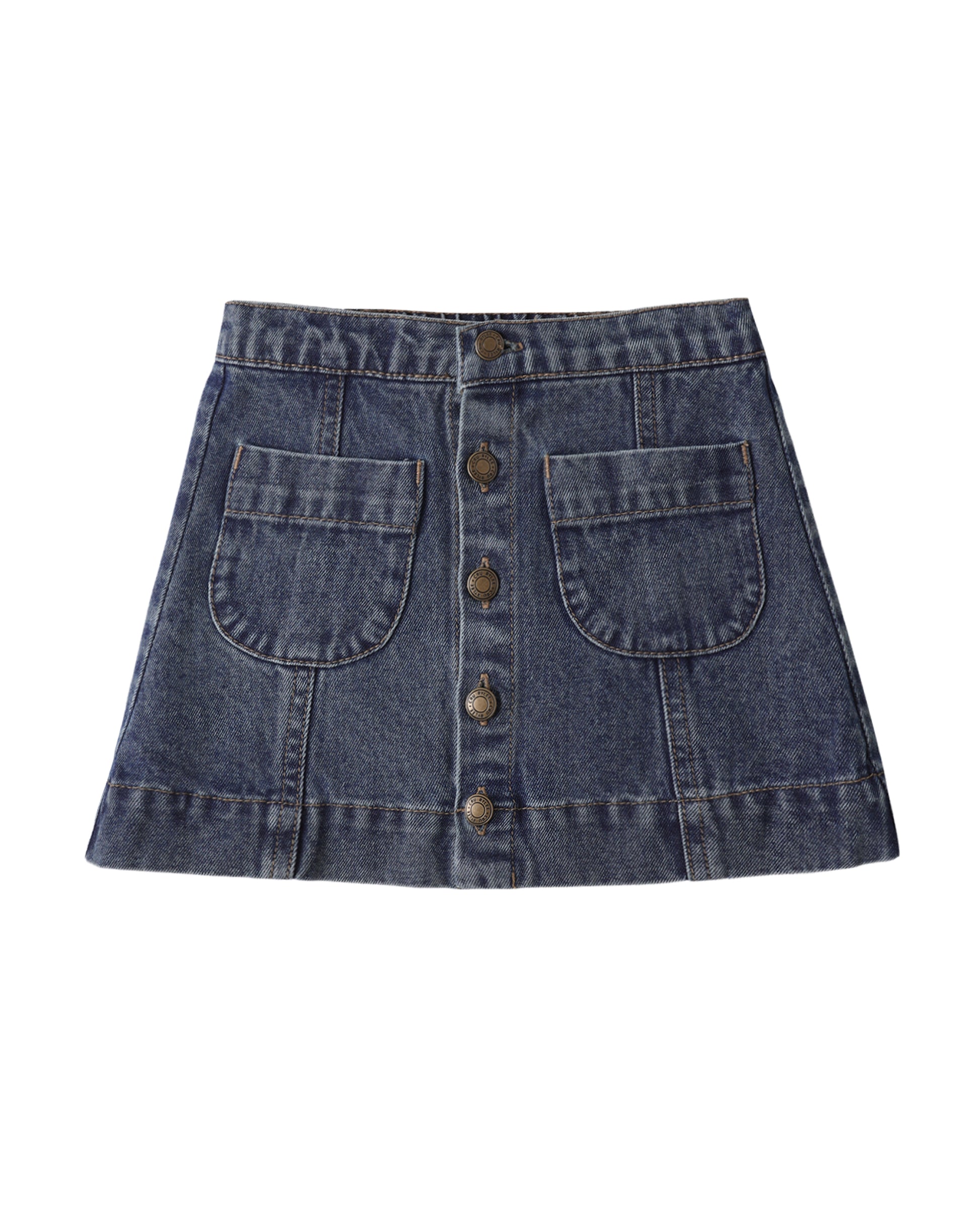 Denim skirt with button details on a white background