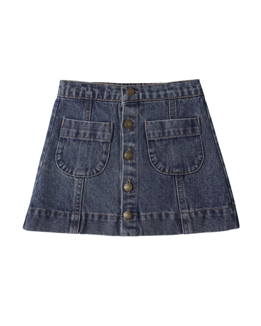 Denim skirt with button details on a white background