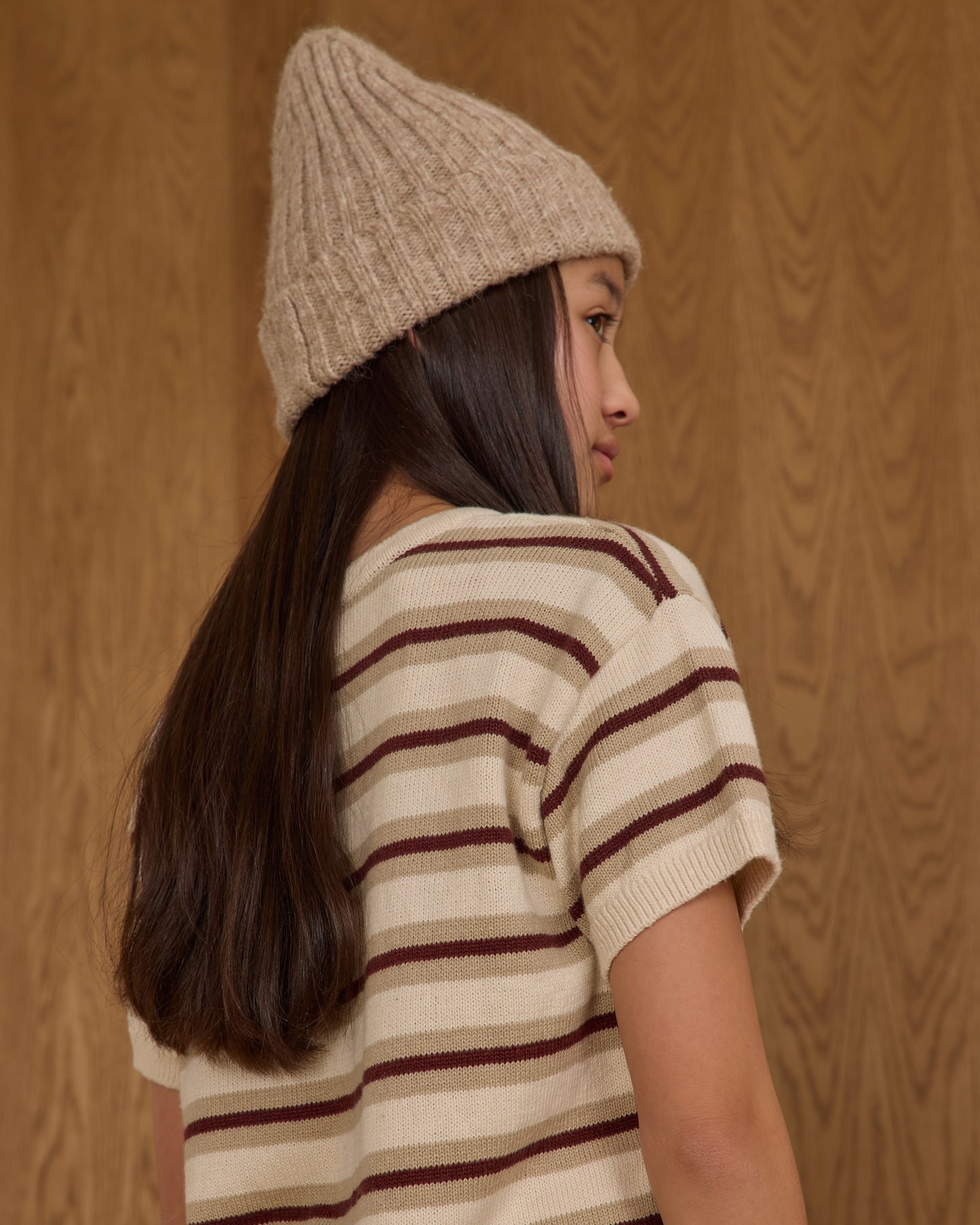 Boxy Crop Knit Tee - Burgundy Stripe - Teen