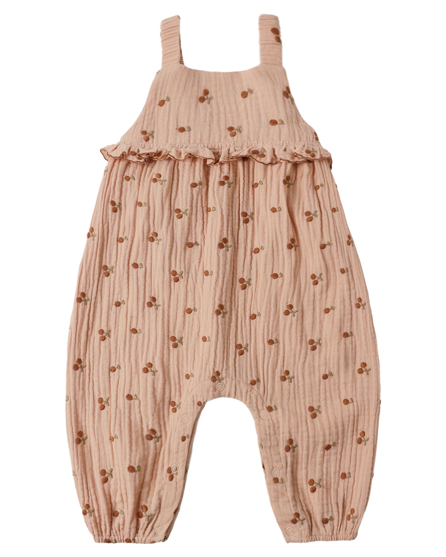 Pink ruffled overalls with a cherry pattern on a white background