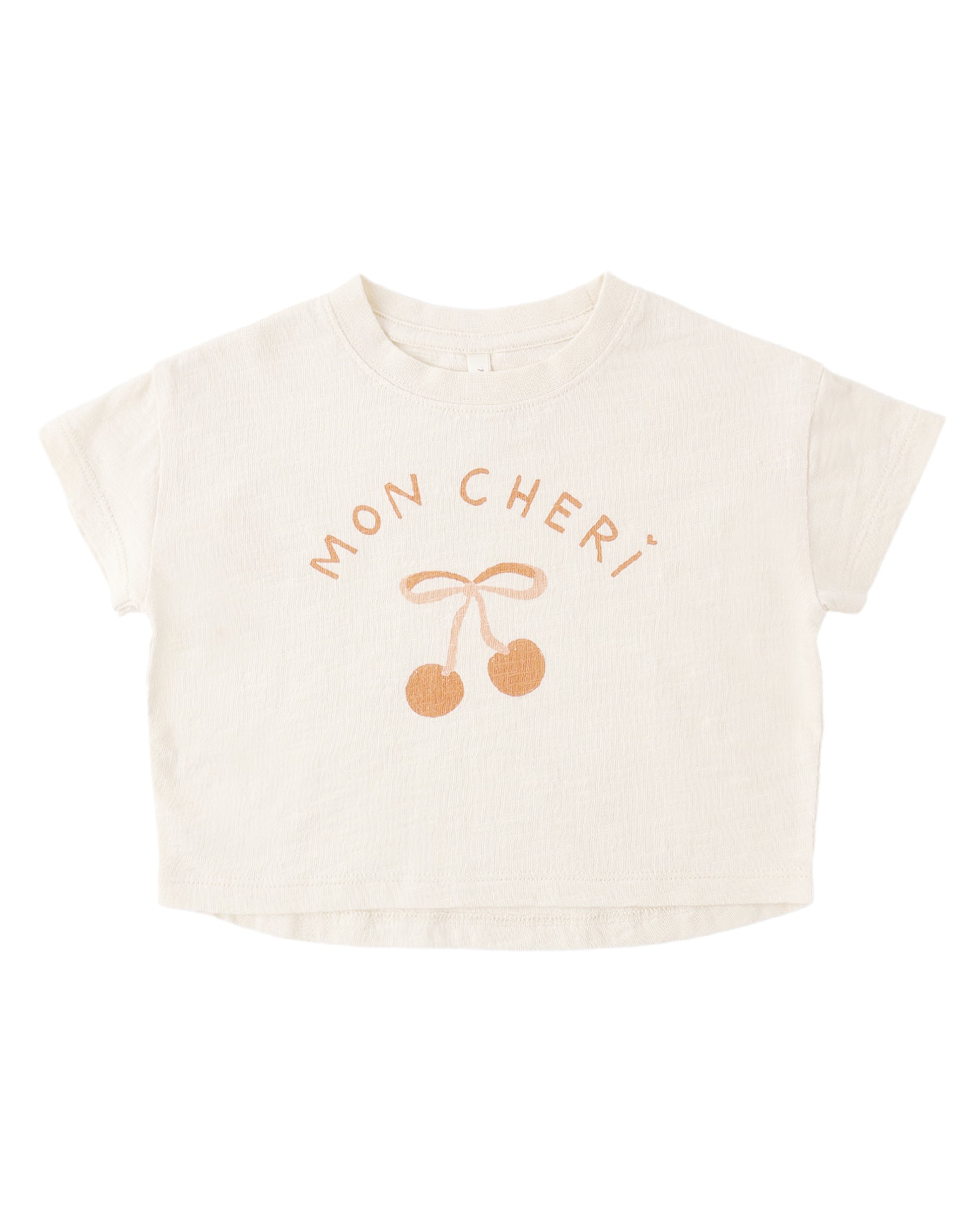 Ivory t-shirt with 'MON CHERI' and cherry design on a white background
