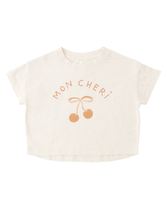 Ivory t-shirt with 'MON CHERI' and cherry design on a white background