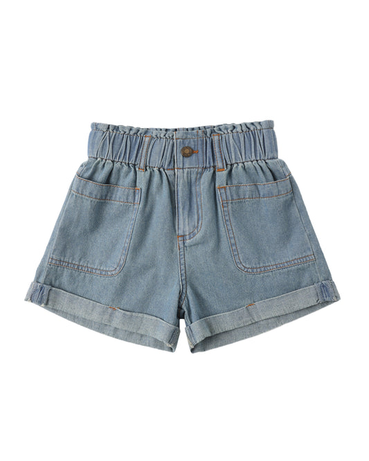 Light blue denim shorts on a white background