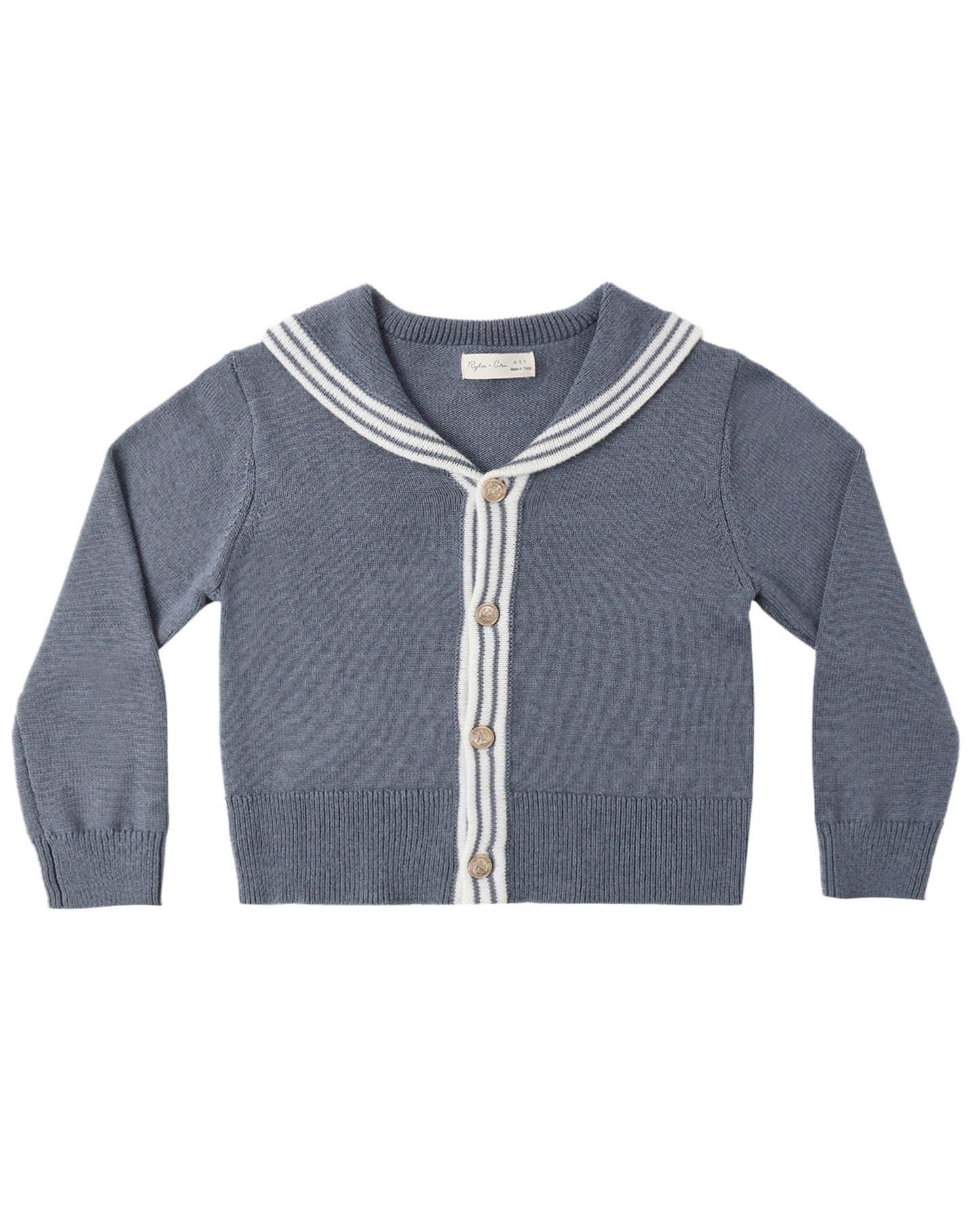 Blue knitted cardigan with white trim on a white background