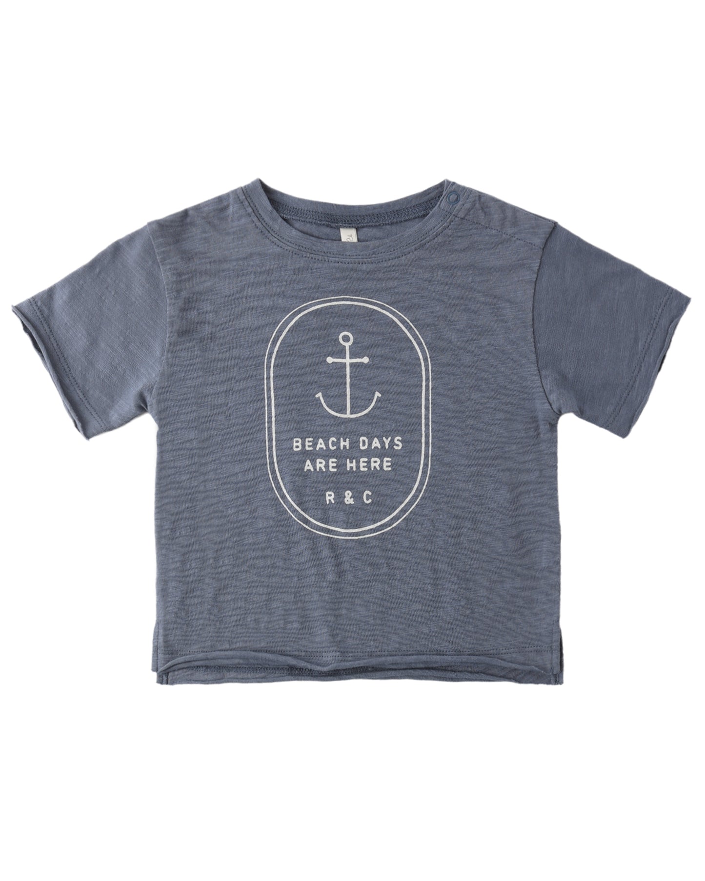 Blue t-shirt with anchor design and text on a white background