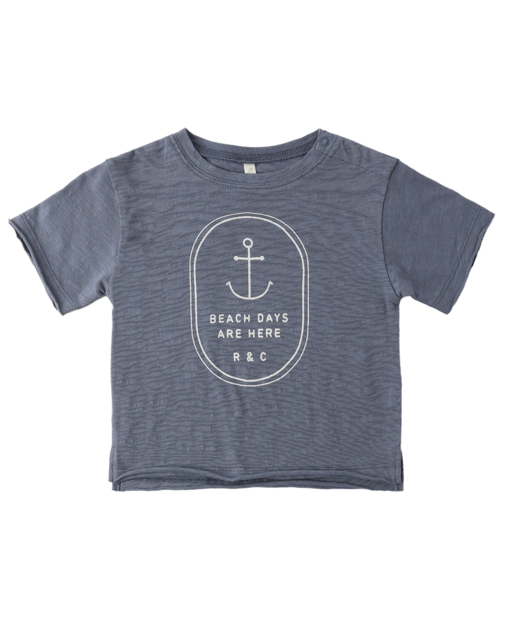 Blue t-shirt with anchor design and text on a white background