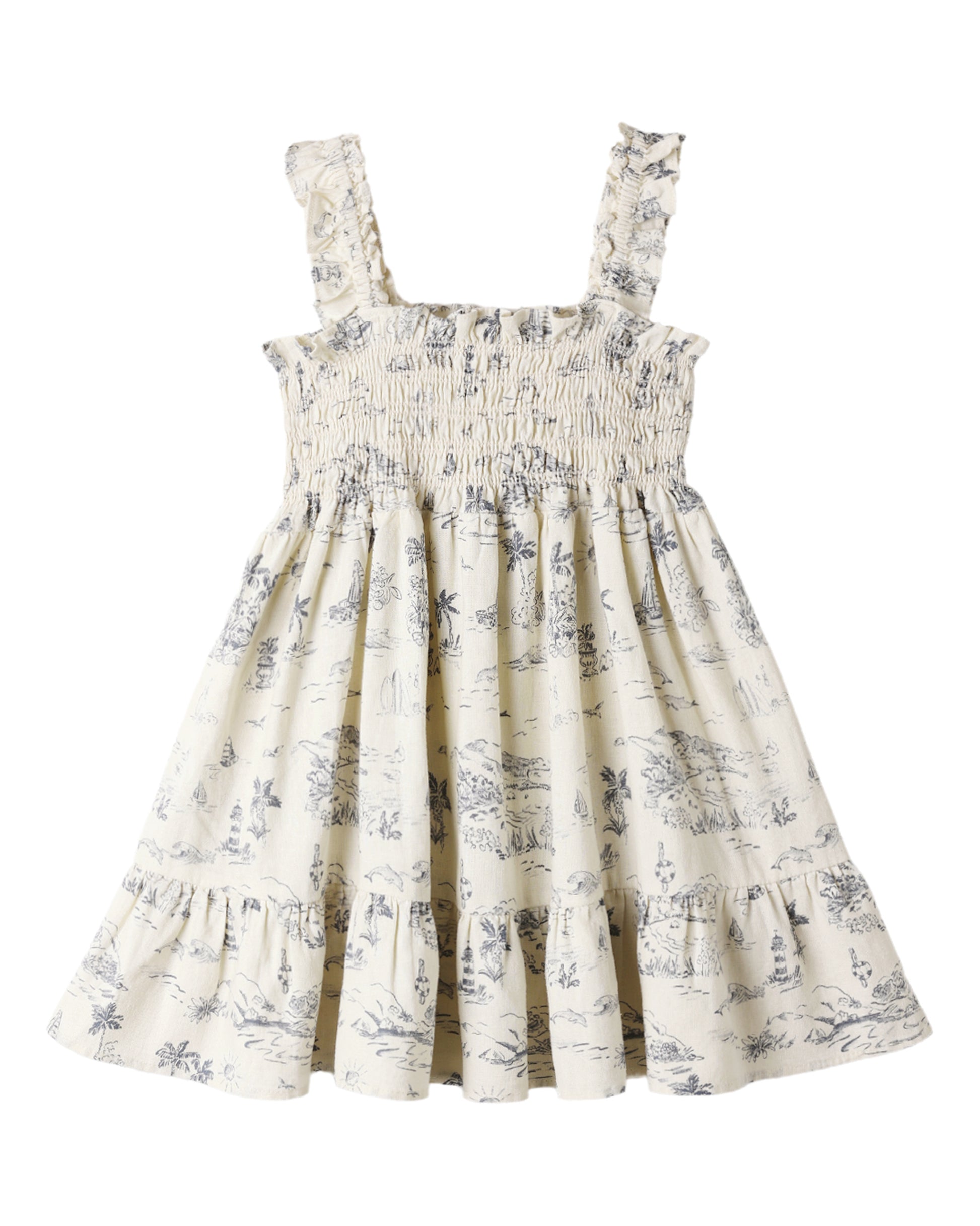 Floral dress with smocked bodice and ocean toile pattern on a white background