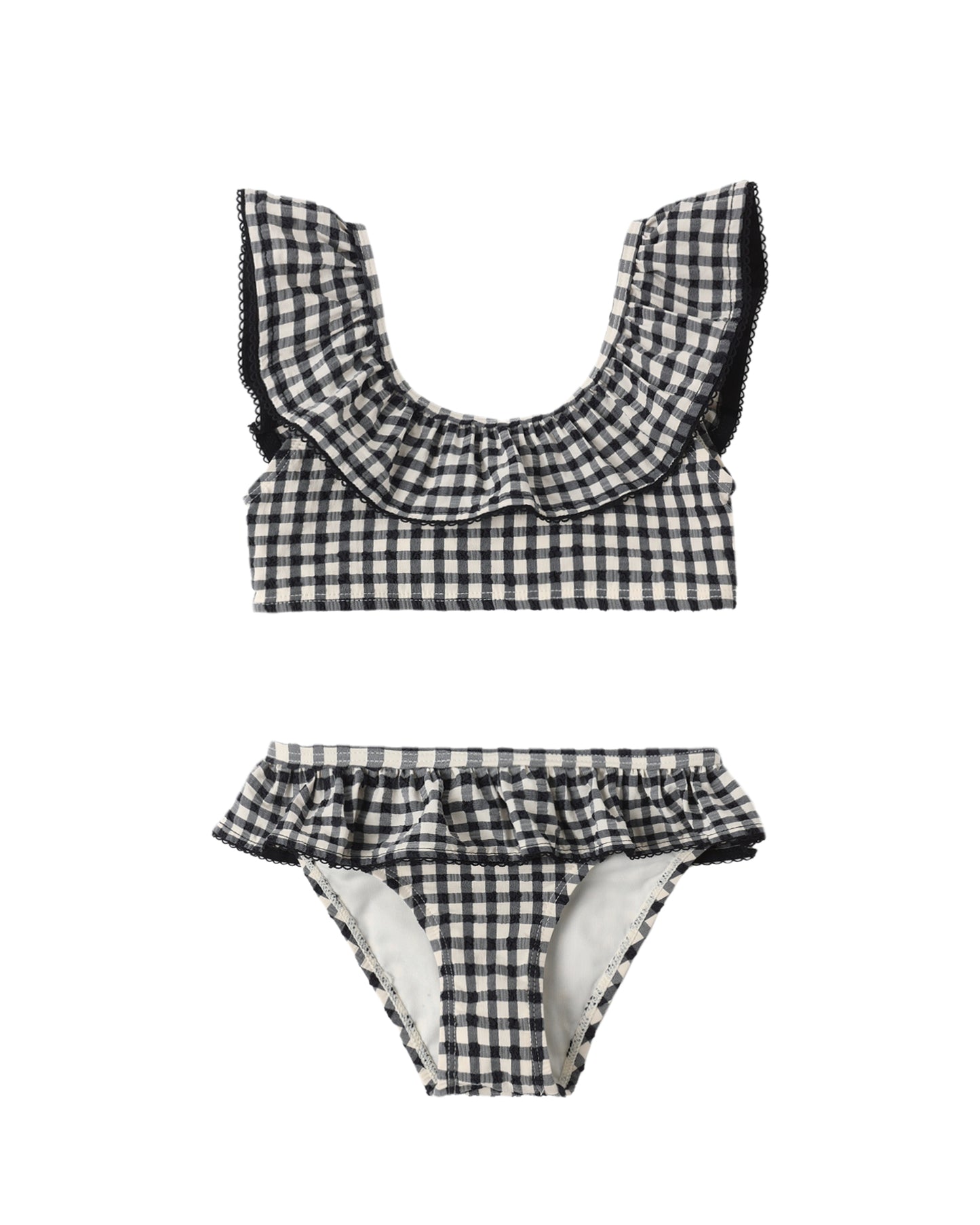 Black and white checkered children's bikini set on a white background
