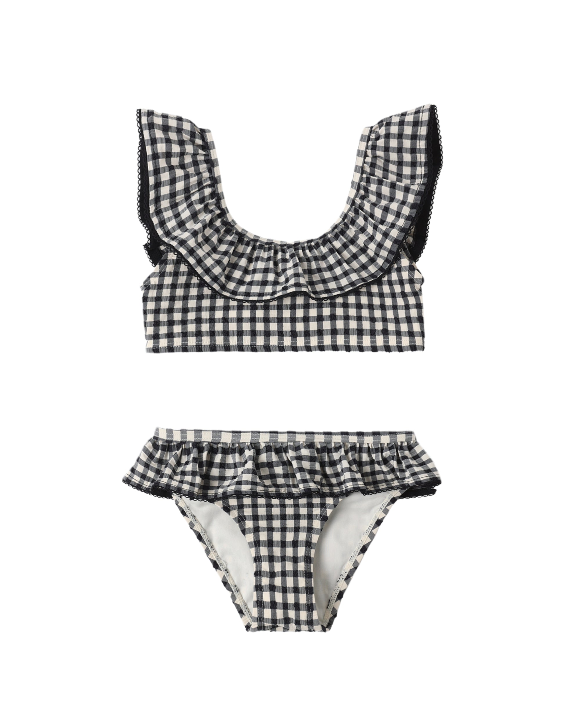 Black and white checkered children's bikini set on a white background