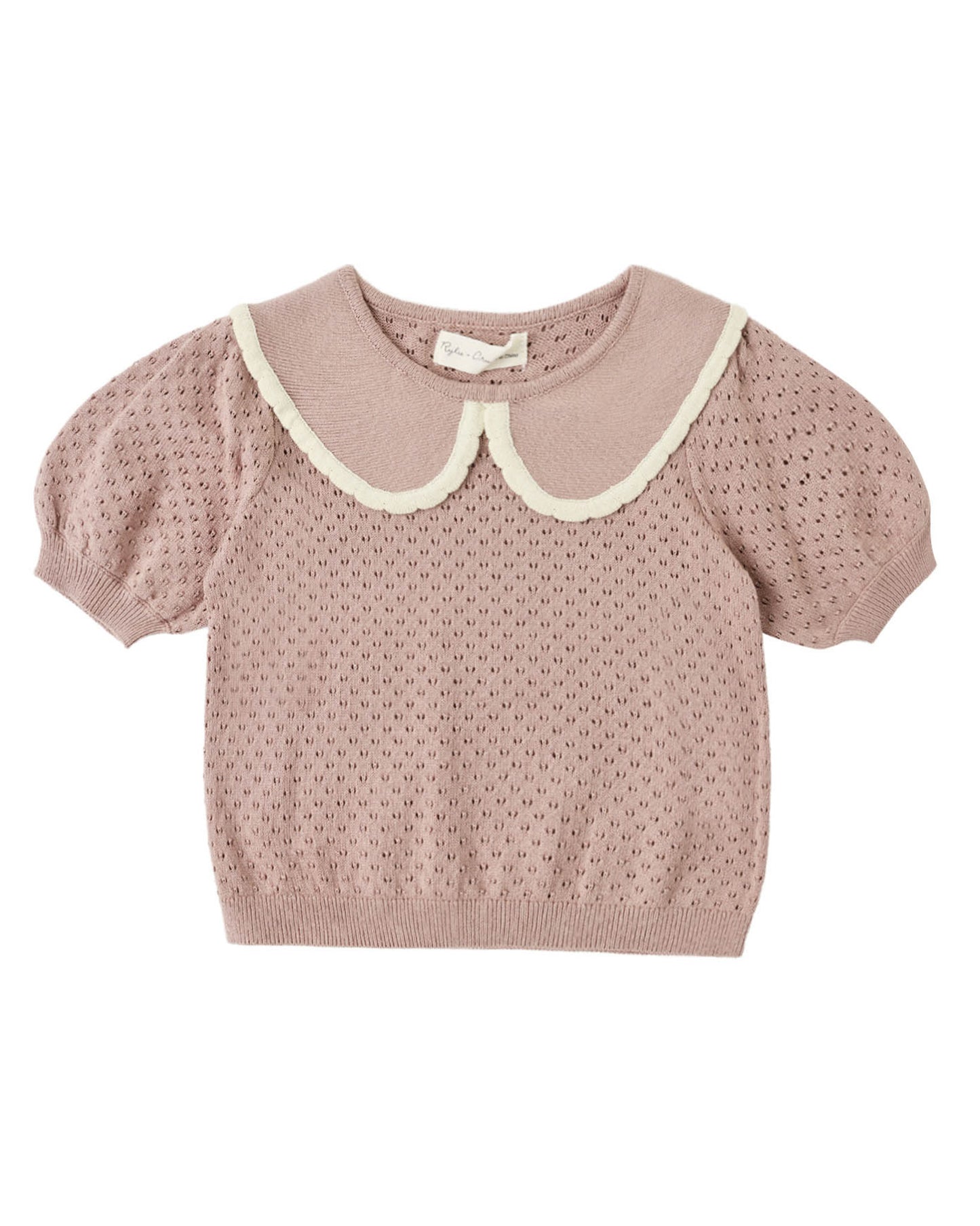 Pink pointelle knitted top with white trimmed collar on a white background