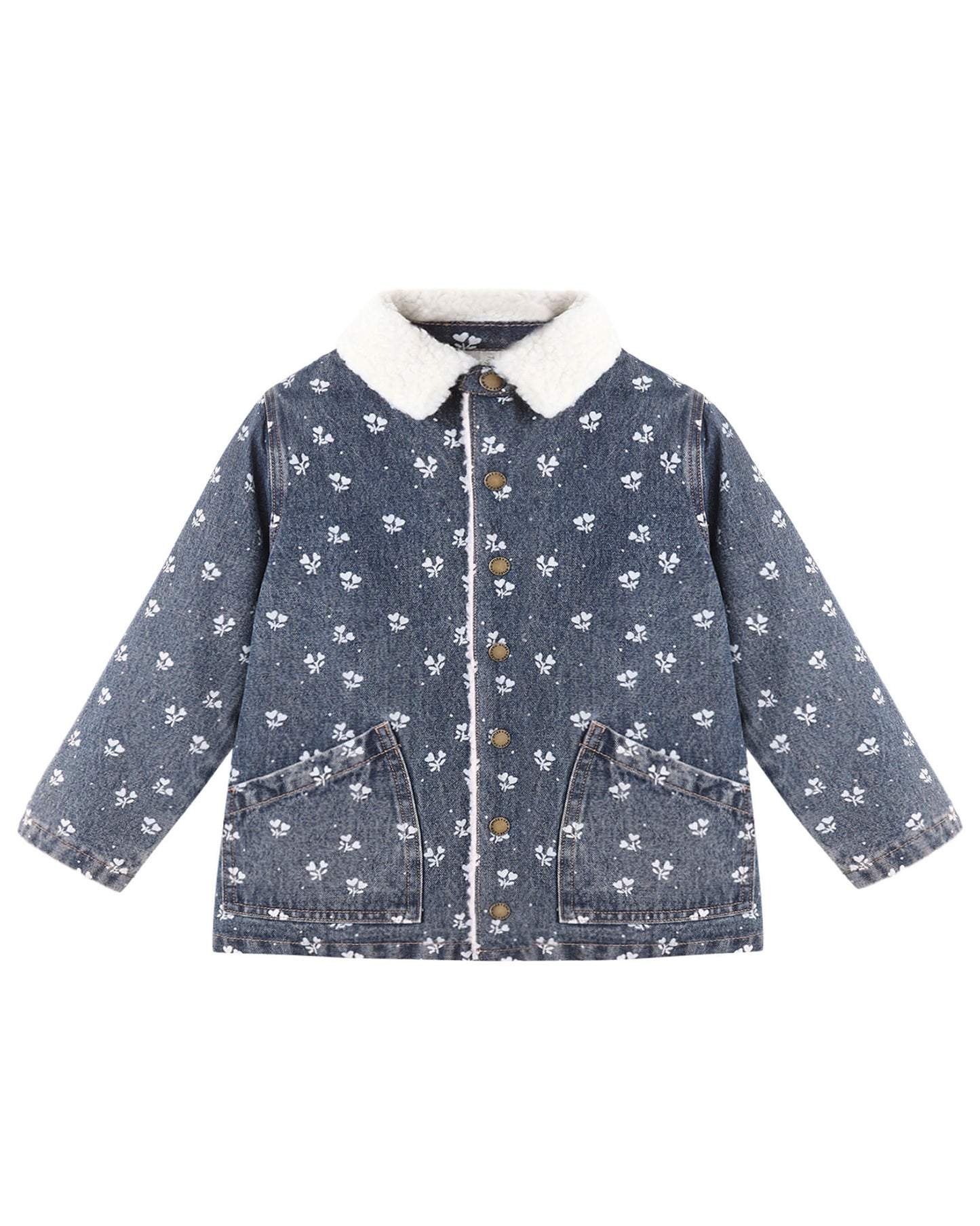 Blue denim jacket with white floral pattern on a white background
