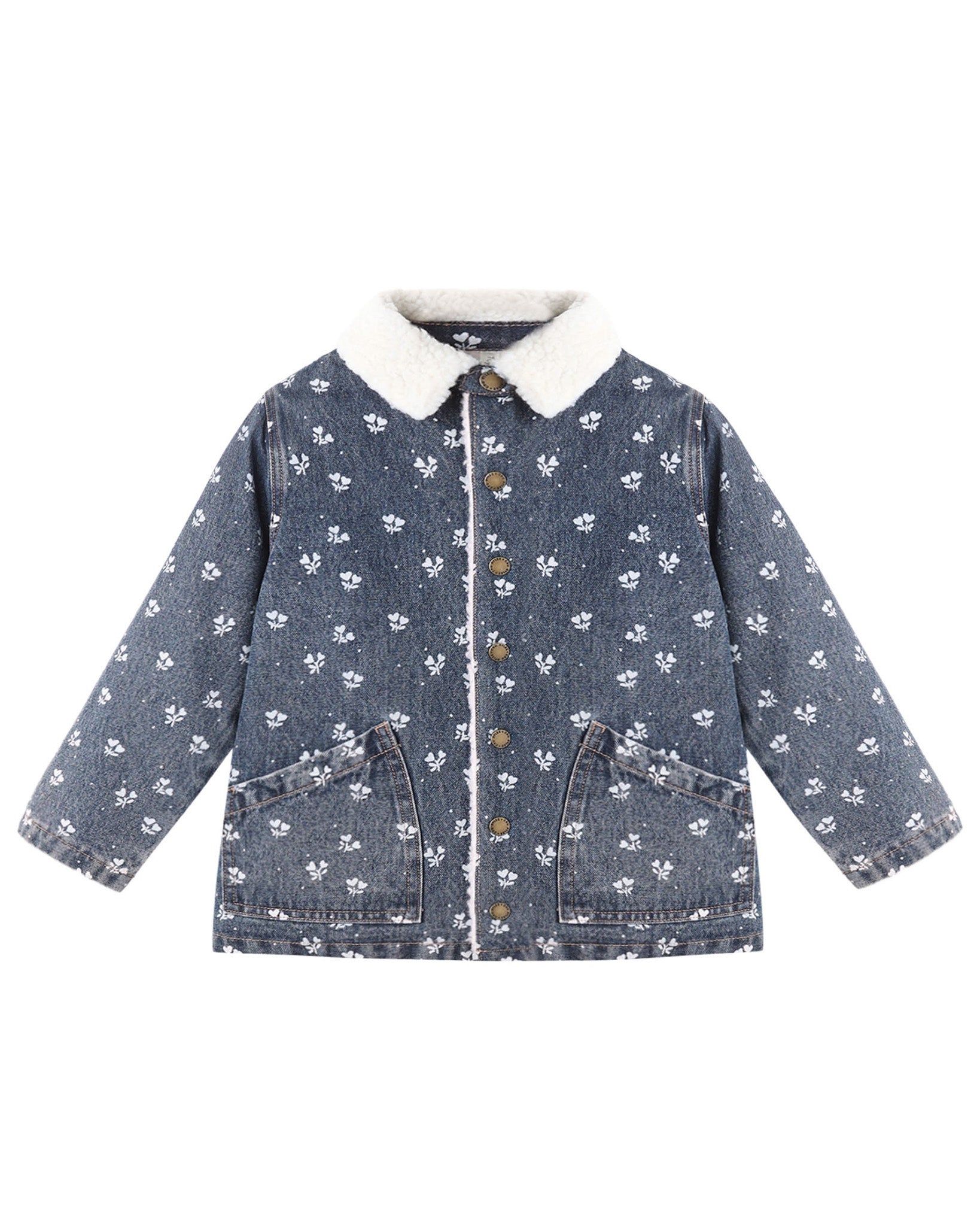Blue denim jacket with white floral pattern on a white background