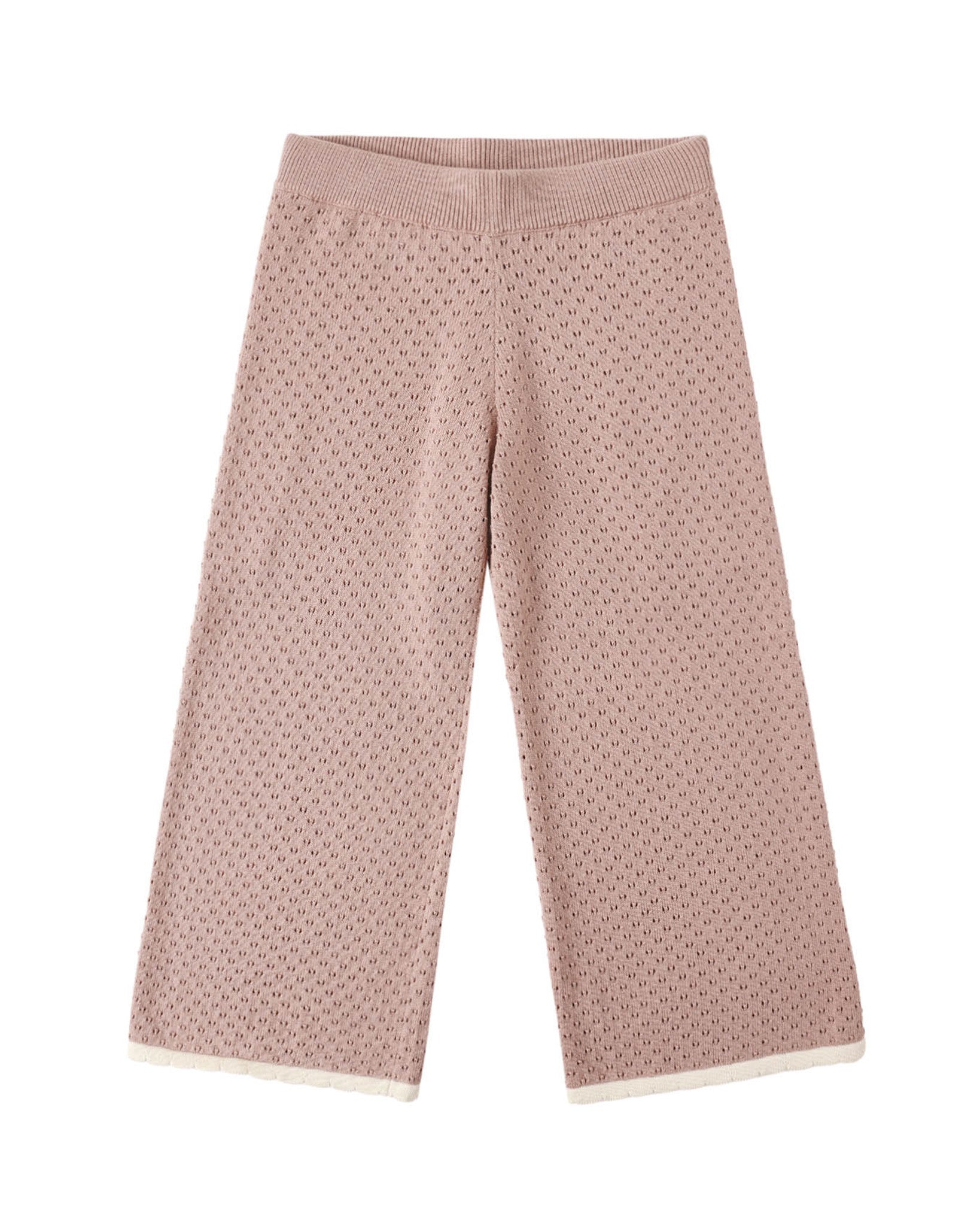 Rose-colored pointelle knit pants on a white background