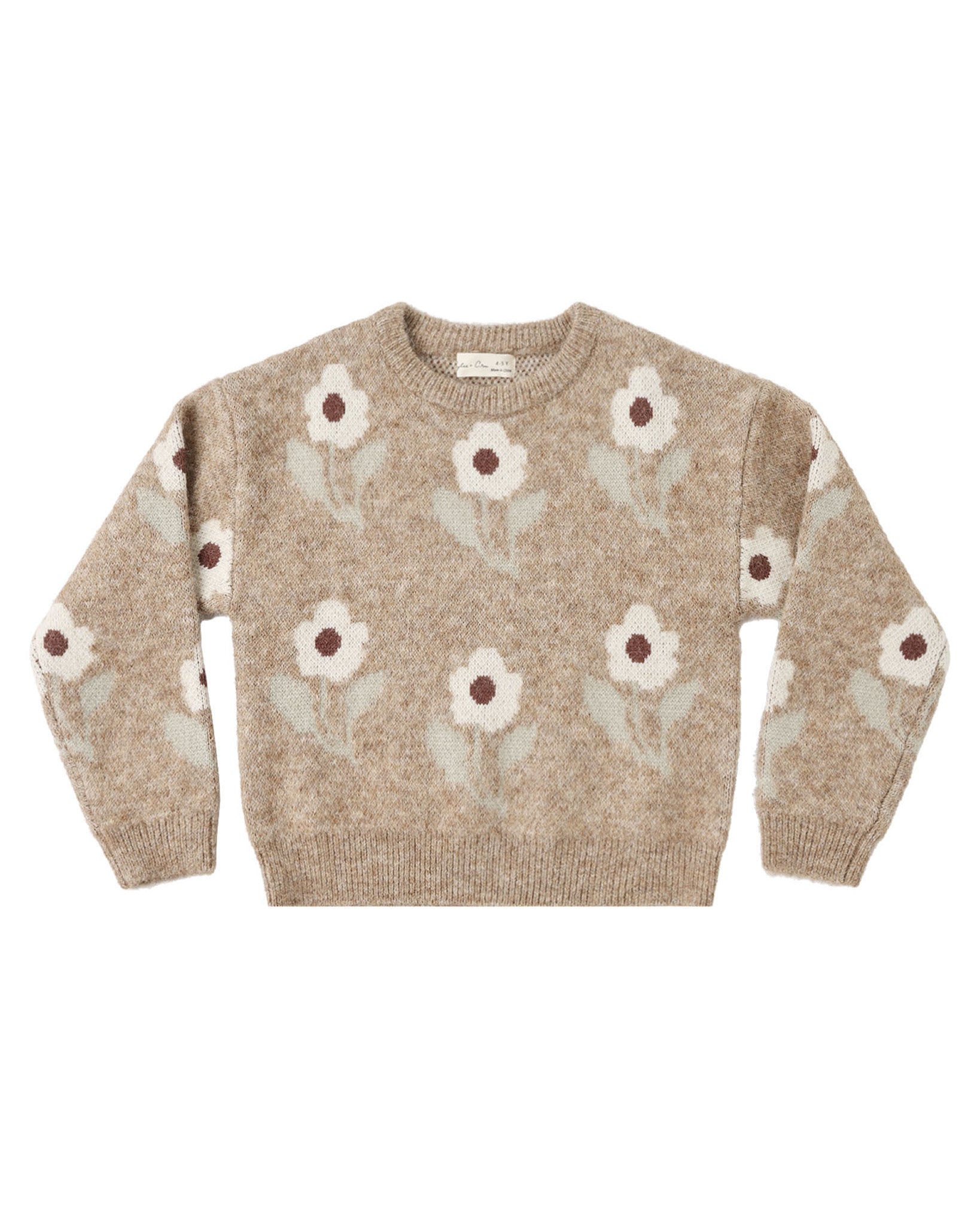 Beige sweater with floral patterns on a white background