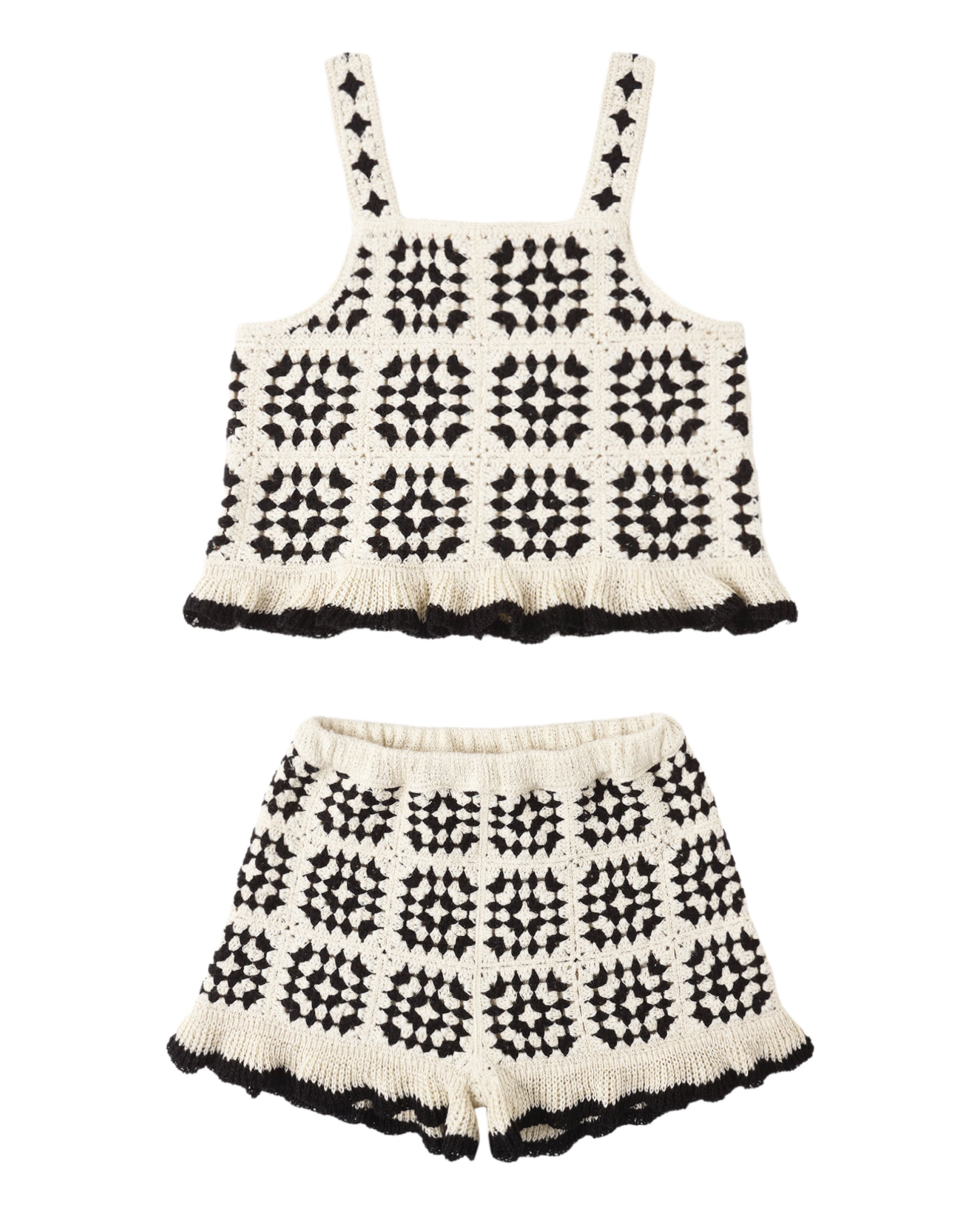 Black and white patterned crochet top and shorts set on a white background