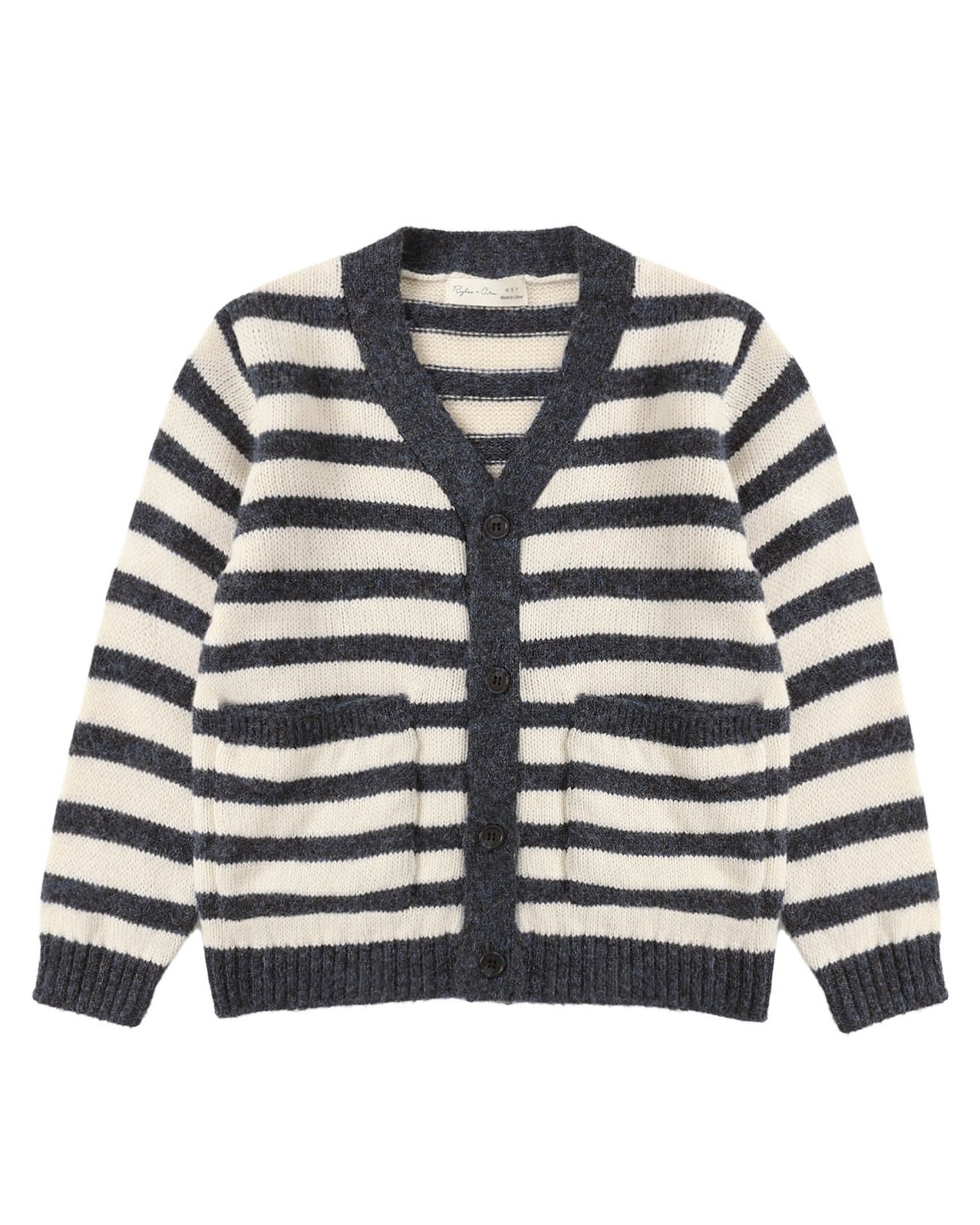 Striped cardigan with black and white horizontal stripes on a white background