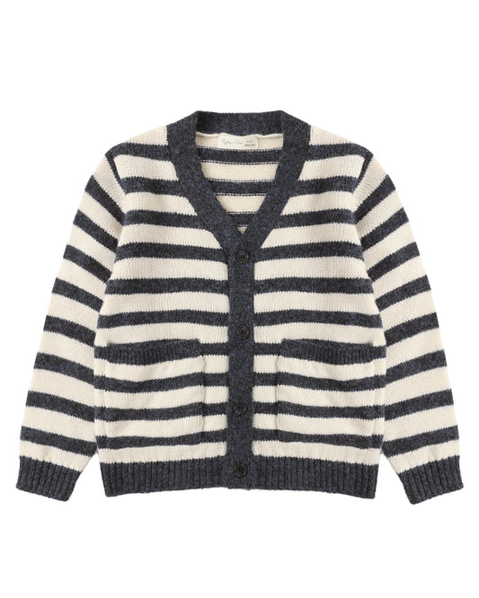 Striped cardigan with black and white horizontal stripes on a white background
