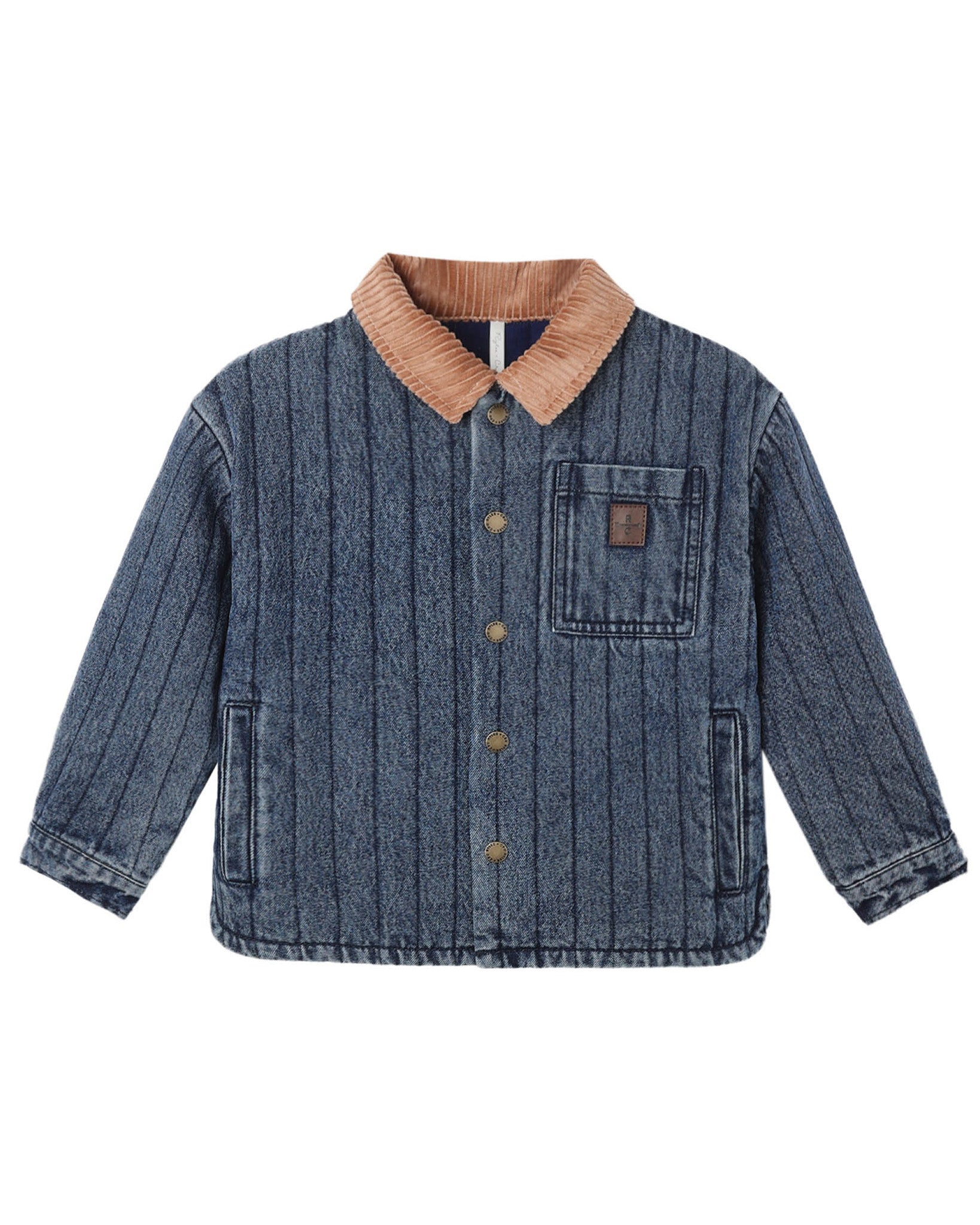 Blue denim jacket with brown collar on a white background