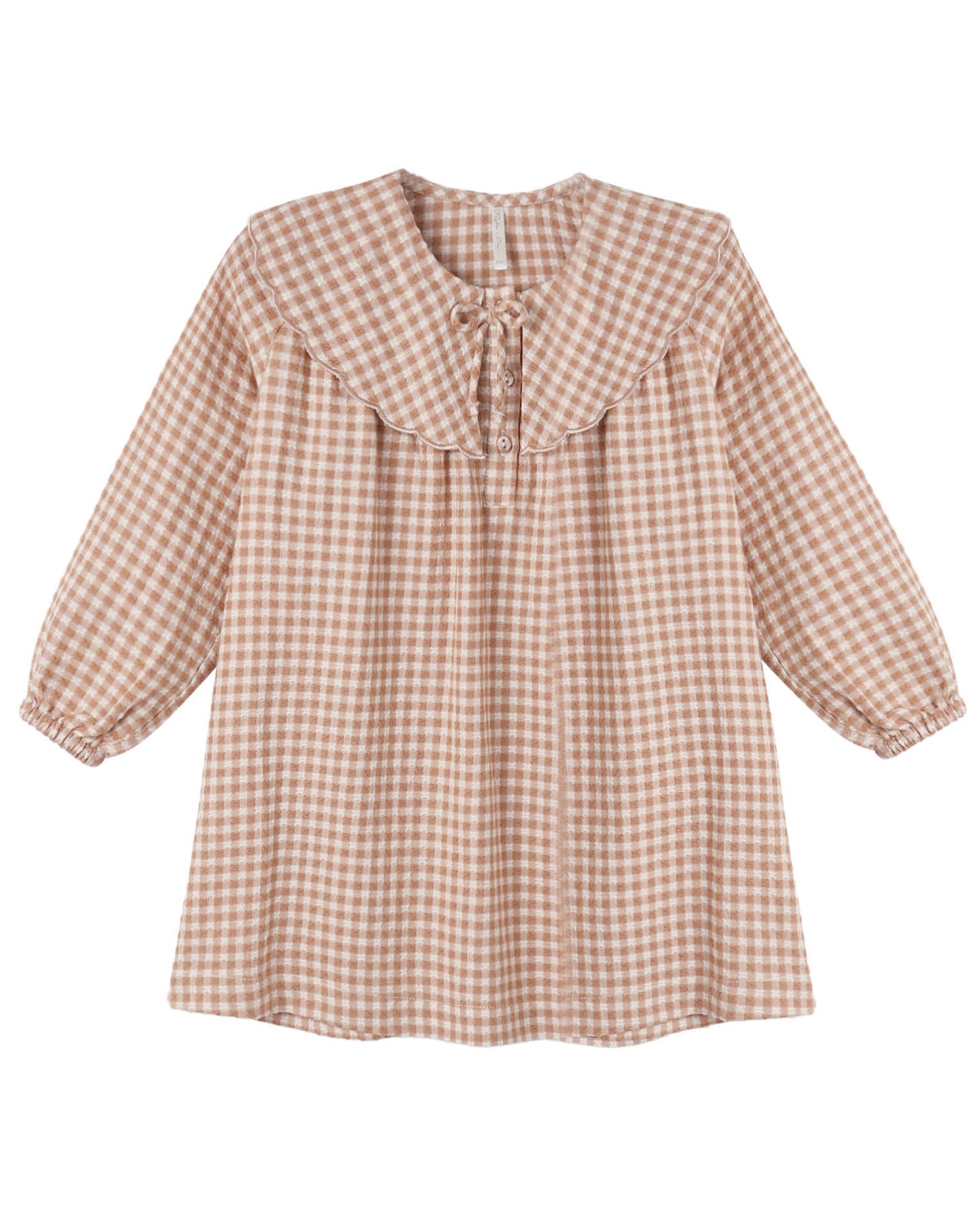 Pink and white checkered blouse with a ruffled collar on a white background