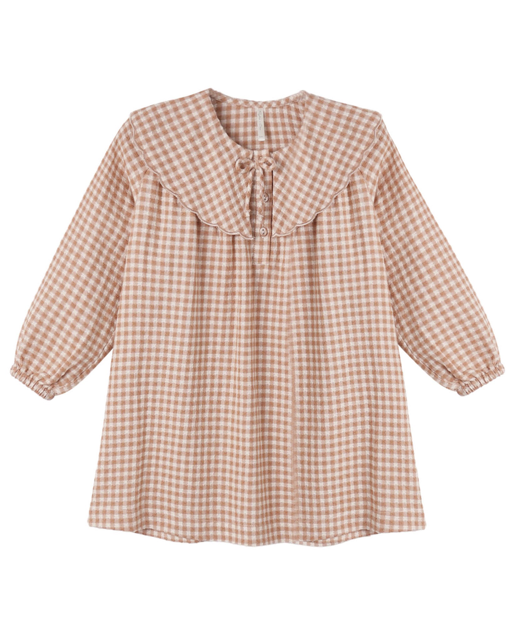 Pink and white checkered blouse with a ruffled collar on a white background