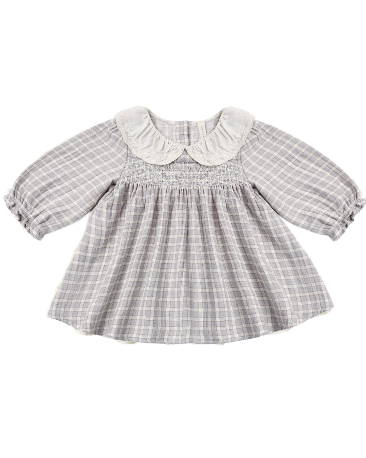 Blue Gingham baby toddler dress with white ruffle collar and smocked bodice