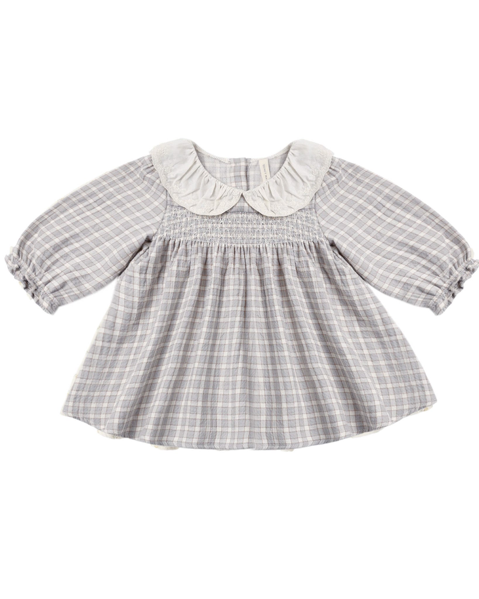 Blue Gingham baby toddler dress with white ruffle collar and smocked bodice