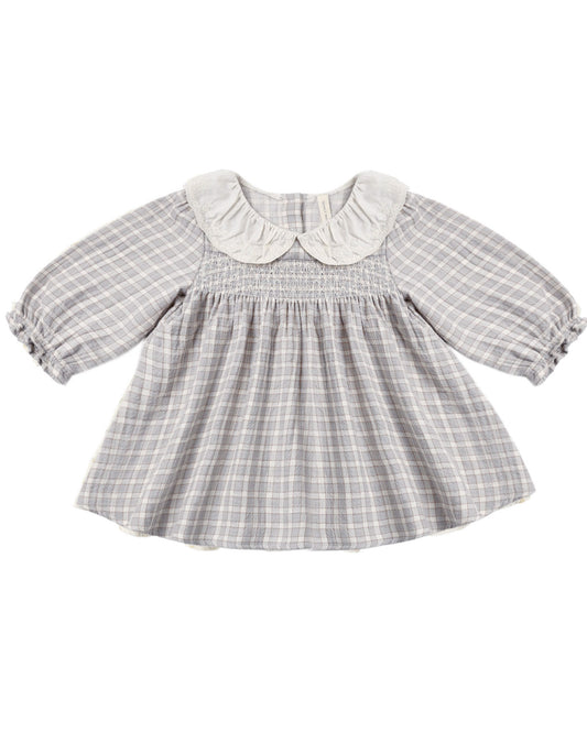 Blue Gingham baby toddler dress with white ruffle collar and smocked bodice