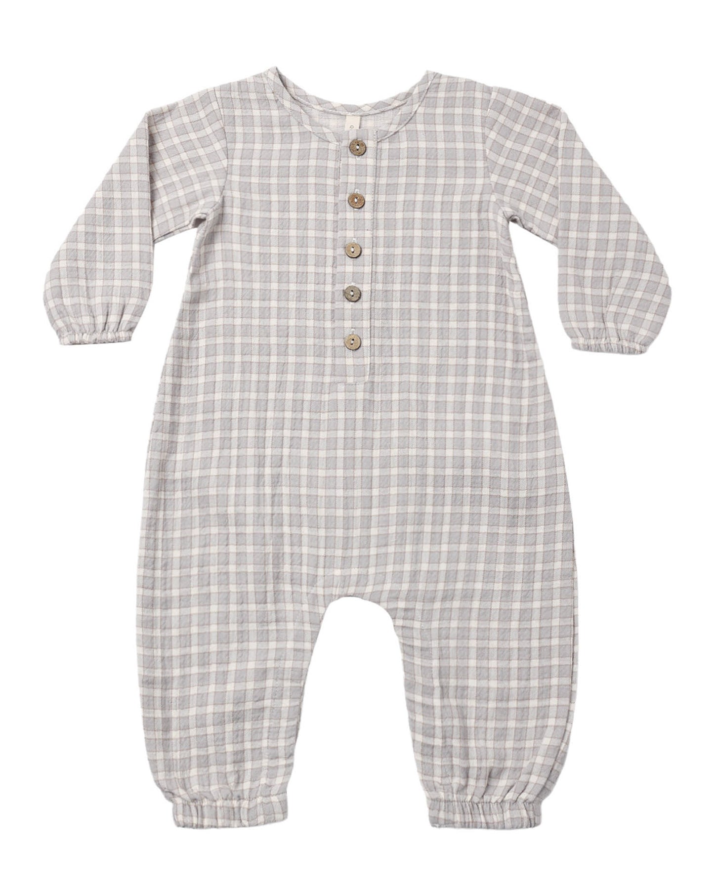 Blue/gray checkered baby romper with buttons on a white background