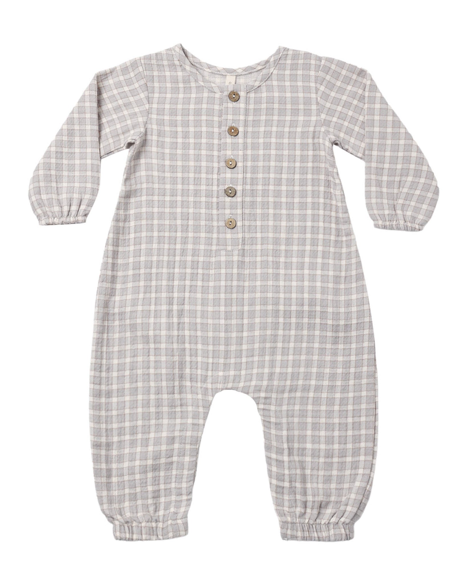 Blue/gray checkered baby romper with buttons on a white background