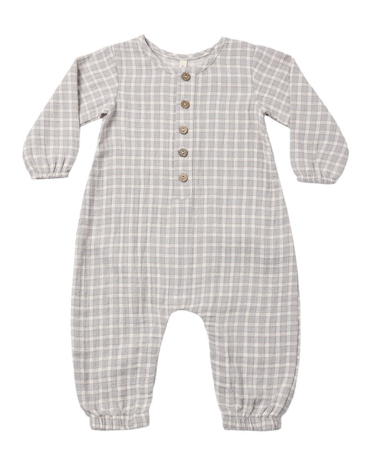 Blue/gray checkered baby romper with buttons on a white background