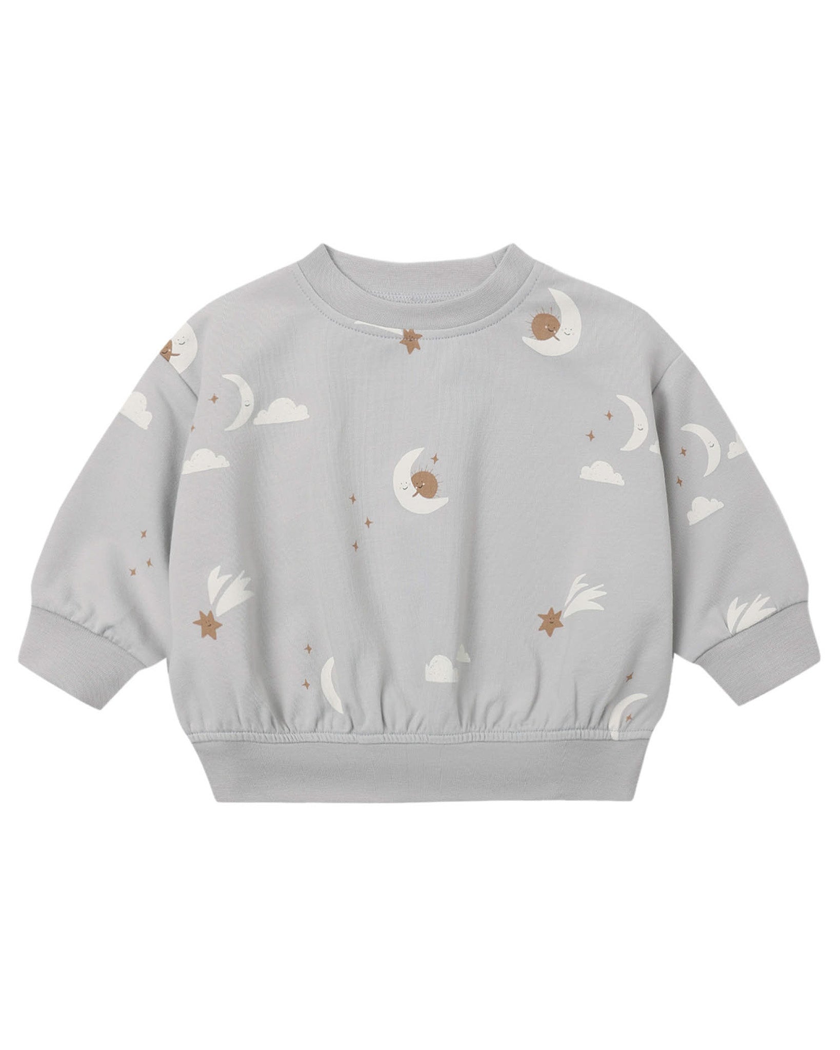 Gray sweatshirt with nature-themed patterns on a white background