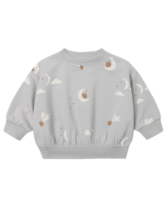 Gray sweatshirt with nature-themed patterns on a white background