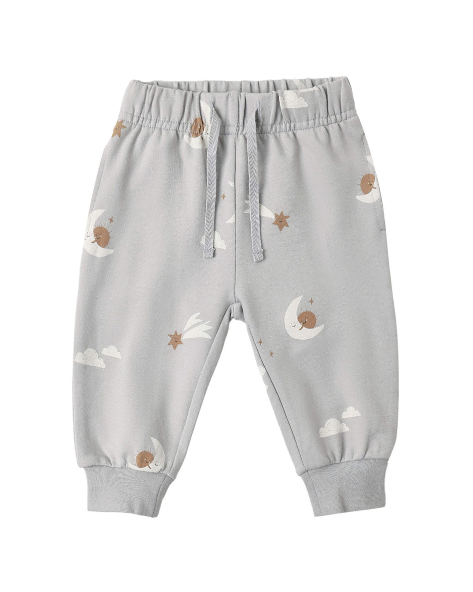 Gray baby pants with moon and star patterns on a white background