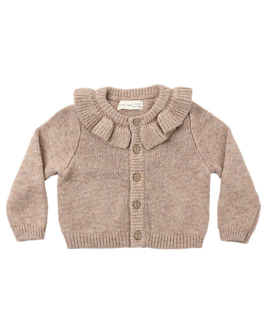 Knitted cardigan with ruffled collar on a white background