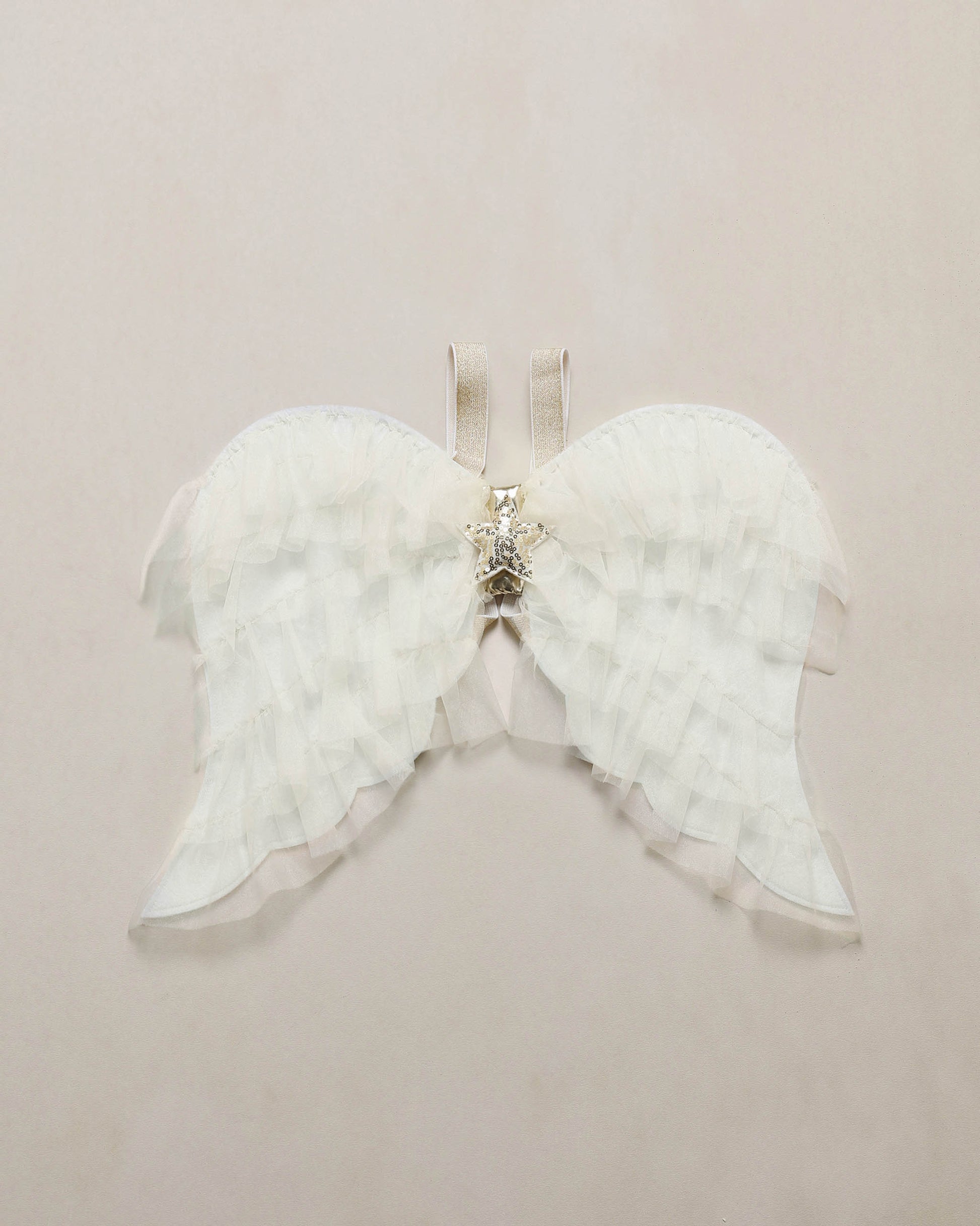 white angel wings with a gold star in the middle on a beige background