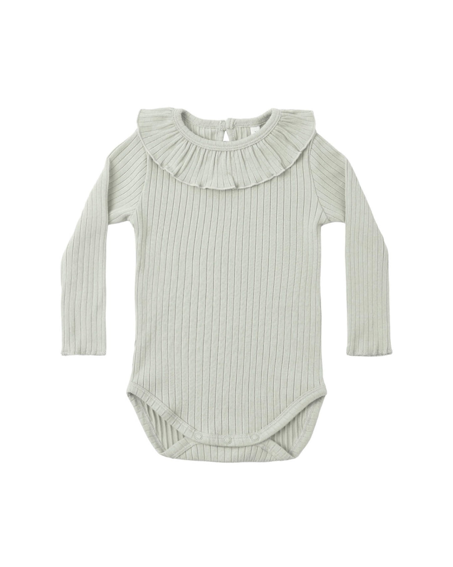 Sage ribbed baby bodysuit with ruffled collar on a white background